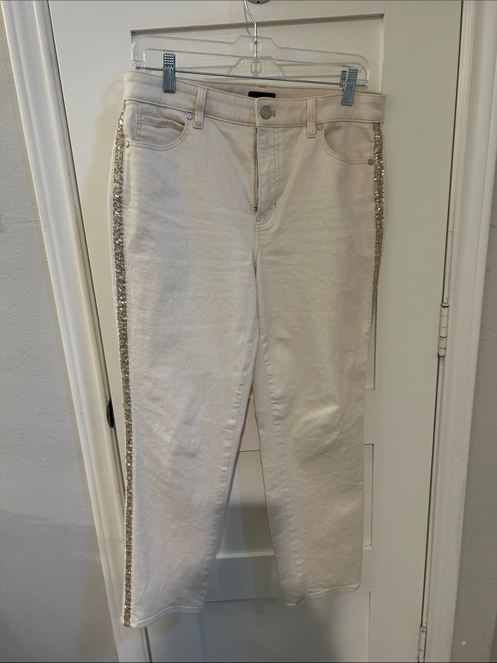 Talbots Cream Jeans with Gold Sequin Side Stripes
